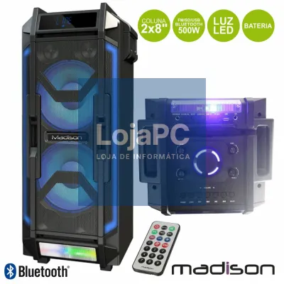 COLUNA AMPLIFICADA 2x8" 500W FM/USB/BT/BAT LEDS MADISON