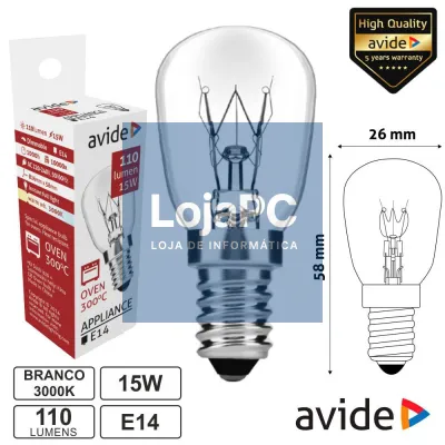Lâmpada E14 15W 230V 300ºC P/ Fornos AVIDE