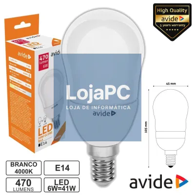LÂMPADA LED E14 GLOBO B45 6W 230V 4000K 470LM AVIDE