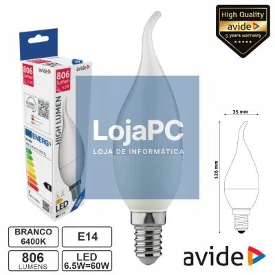 Lâmpada LED E14 Vela 6.5W 230V 6400K 806lm AVIDE
