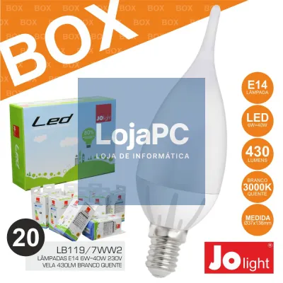 BOX 20 LÂMPADAS E14 6W=40W 230V VELA BRANCO QUENTE JOLIGHT