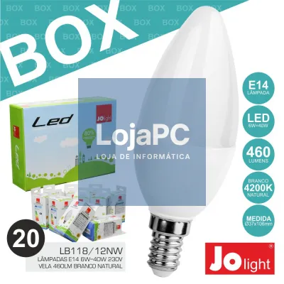 BOX 20 LÂMPADAS E14 6W=40W 230V VELA BRANCO NATURAL JOLIGHT