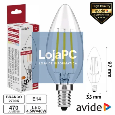 Lâmpada LED E14 Vela Filamento 4.5W 230V 2700K 470lm AVIDE