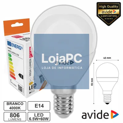 Lâmpada LED E14 Globo G45 6.5W 230V 4000K 806lm AVIDE