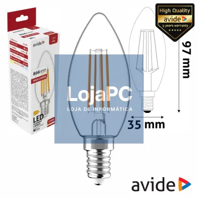 Lâmpada LED E14 Vela Filamento 6.5W 230V 3000K 806lm AVIDE