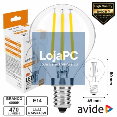Lâmpada LED E14 Globo Filamento 4.5W 230V 4000K 470lm AVIDE