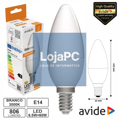 Lâmpada LED E14 Vela 6.5W 230V 4000K 806lm AVIDE