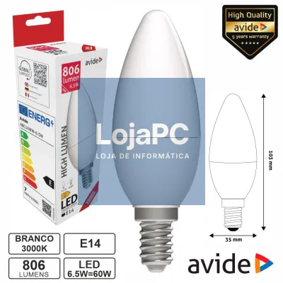 Lâmpada LED E14 Vela 6.5W 230V 3000K 806lm AVIDE