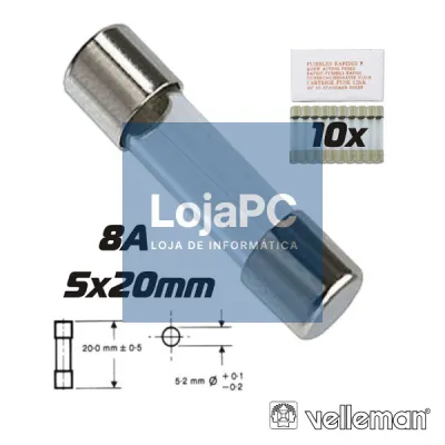 FUSÍVEL 5X20 FUSÃO RÁPIDA 8A (10X) VELLEMAN