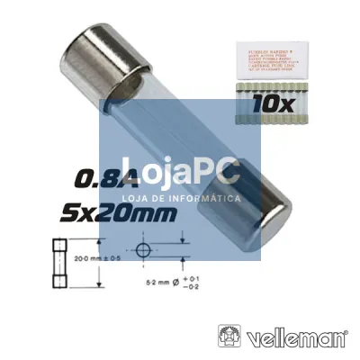 FUSÍVEL 5X20 FUSÃO RÁPIDA 0.8A (10X) VELLEMAN