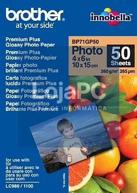 Brother Papel "Glossy" 10x15. 50 folhas. p/ 130/ 145/ 330/ 350/ 240/ 440/ 465/ 540/ 560/ 660/ 750/ 770/ 3360/ 5460/ 845/ 885