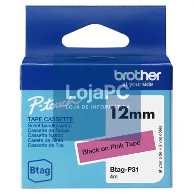 Brother Fita doméstica Btag P31 preto sobre rosa, Largura: 12 mm. Comprimento: 4 m