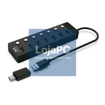 EWENT HUB USB 3.0 Gen 1, 7 portas com botão, adaptador corrente, USB A e USB C