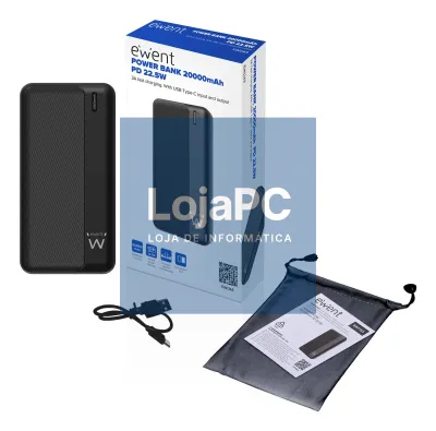 EWENT PowerBank 20.000mAH, PD 22.5W, 1x USB-C 1x microUSB (in); 1x Type-C 2x USB-A (out), com led, ABS, 308 gr, Preto