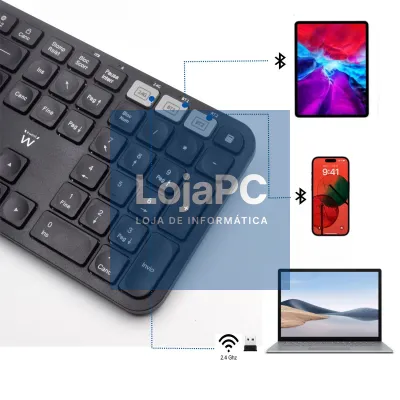 EWENT Teclado Wireless Bluetooth Multi-connect, Wireless 2.4Ghz e Bluetooth 3.0/5.0. Teclas LowProfile