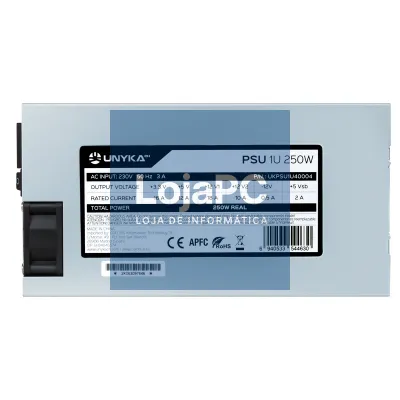 UNYKAch Fonte de Alimentação 1U Standard 250W APFC, para caixa RACK 19" de 1U > Não inclui embalagem/caixa <