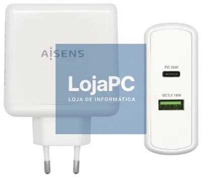 AISENS Carregador 48 W, 1x USB-C PD3.0 30 W, 1x USB-A QC3.0 18 W, Branco