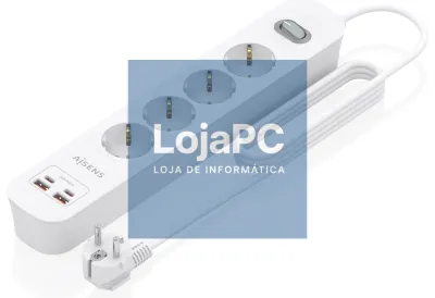 AISENS Extensão eléctrica Multifuncion com 4 Tomadas + Carregador PD3.0 20W 2xUSB-C, 2xUSB-A, 1.4m, Branco