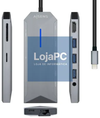 AISENS USB-C Dock 9 en 1, USB-C a 1x HDMI, 1xRJ45, 3x USB, 1x PD, 1x Audio, 1x SD, 1x Micro SD, Cinzento, 15 cm
