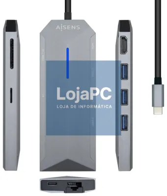 AISENS USB-C dock 8 en 1, USB-C a 1xHDMI, 1xRJ45, 3xUSB, 1xPD, 1xSD, 1xMicroSD, Cinzento, 15 cm