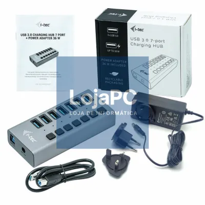 Hub de carregamento i-tec USB 3.0 7 portas + Carregador de corrente 36 W